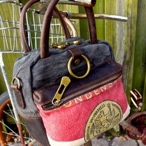 Vintage Feed Sack Mini Ring Satchel Tote Bag